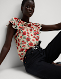 Floral Cowl Neck Ruffle Sleeve Top