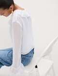 Frill Neck Broderie Button Through Blouse