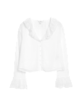 Frill Neck Broderie Button Through Blouse