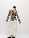 Satin Animal Print Tie Front Top