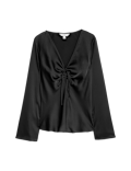 Satin Tie Front Long Sleeve V-Neck Top