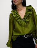 Lyocell Rich Frill Detail V-Neck Top