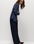 Satin Striped Collared V-Neck Shirt