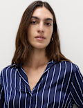 Satin Striped Collared V-Neck Shirt