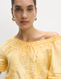 Pure Cotton Embroidered Tie Neck Top