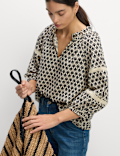 Pure Cotton Printed Notch Neck Puff Sleeve Blouse