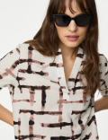 Linen Rich Printed V-Neck Popover Blouse