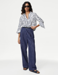 Linen Rich Printed Popover Blouse
