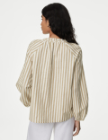Linen Rich Striped Tie Neck Blouse