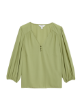 V-Neck Button Detail Blouson Sleeve Blouse