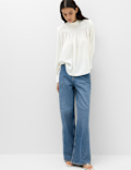 High Neck Blouson Sleeve Blouse