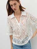 Cotton Blend Lace Collared Top