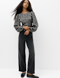 Checked Gathered Waisted Blouson Sleeve Blouse