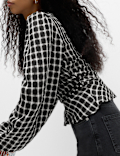 Checked Gathered Waisted Blouson Sleeve Blouse