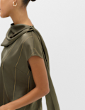 Satin Striped Cowl Neck Scarf Detail Top