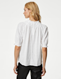 Cotton Blend Crew Neck Smocked Blouse