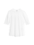 Cotton Blend Crew Neck Smocked Blouse