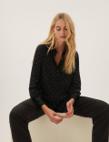 Foil Print Collared Long Sleeve Blouse