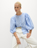 Pure Cotton Puff Sleeve Button Through Blouse