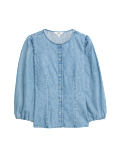 Denim Button Through Puff Sleeve Blouse