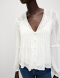Dobby Textured V-Neck Long Sleeve Blouse