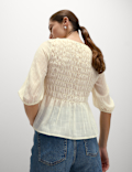 Round Neck Tie Front Shirred Blouse