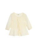 Round Neck Tie Front Shirred Blouse