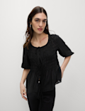 Round Neck Tie Front Shirred Blouse