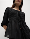 Round Neck Tie Front Shirred Blouse