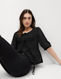 Round Neck Tie Front Shirred Blouse