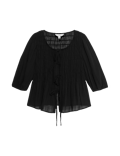 Round Neck Tie Front Shirred Blouse