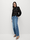 Cutwork High Neck Puff Sleeve Top