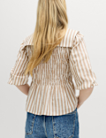 Linen Rich Polka Dot Shirred Blouse