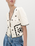 Pure Cotton Embroidered Tie Detail Top