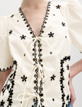 Pure Cotton Embroidered Tie Detail Top