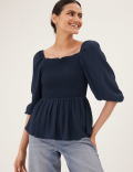 Square Neck Smocked 3/4 Sleeve Blouse