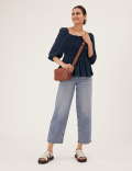 Square Neck Smocked 3/4 Sleeve Blouse