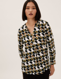 Geometric V-Neck Long Sleeve Popover Blouse