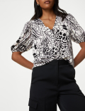 Printed V-Neck Puff Sleeve Blouse