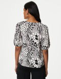 Printed V-Neck Puff Sleeve Blouse
