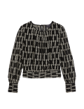 Geometric Round Neck Blouson Sleeve Blouse