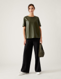 Faux Leather Round Neck Short Sleeve Top