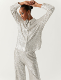 Sequin Collared Long Sleeve Shirt