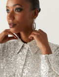 Sequin Collared Long Sleeve Shirt