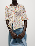 Printed Shirred Tie Detail Puff Sleeve Blouse