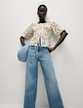 Printed Shirred Tie Detail Puff Sleeve Blouse