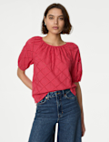 Pure Cotton Broderie Puff Sleeve Blouse