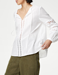 Pure Cotton Broderie Tie Neck Blouse