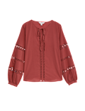 Pure Cotton Broderie Tie Neck Blouse