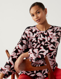Leaf Print Gathered Neck Blouson Sleeve Top